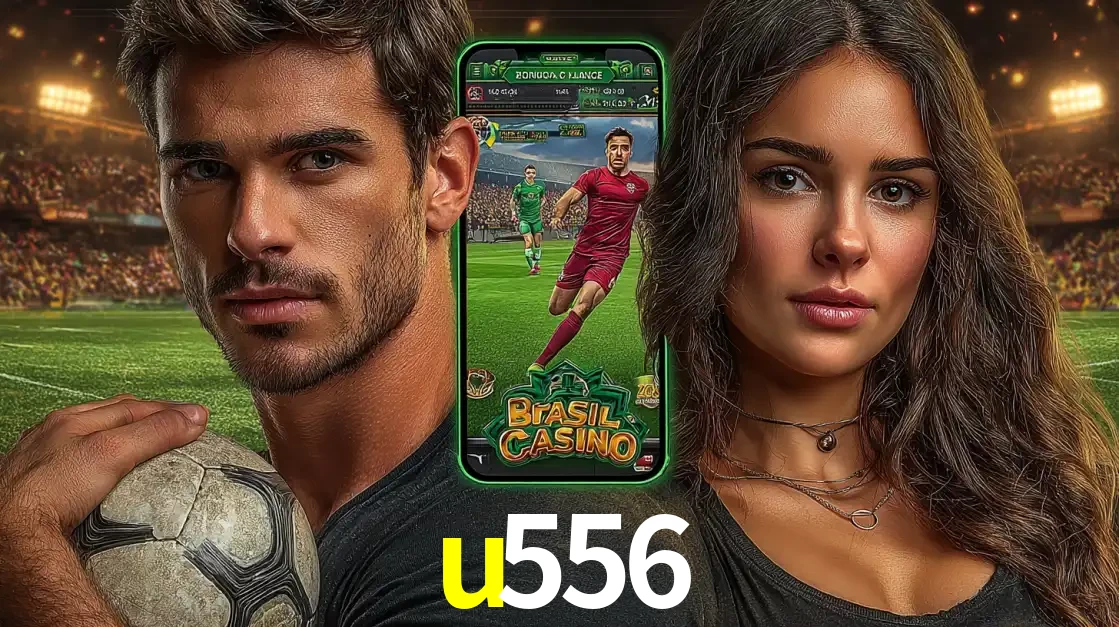 Homem segurando uma bola de futebol e uma mulher ao lado de um smartphone exibindo o jogo de apostas esportivas da u556. Faça seu palpite no cassino online.
